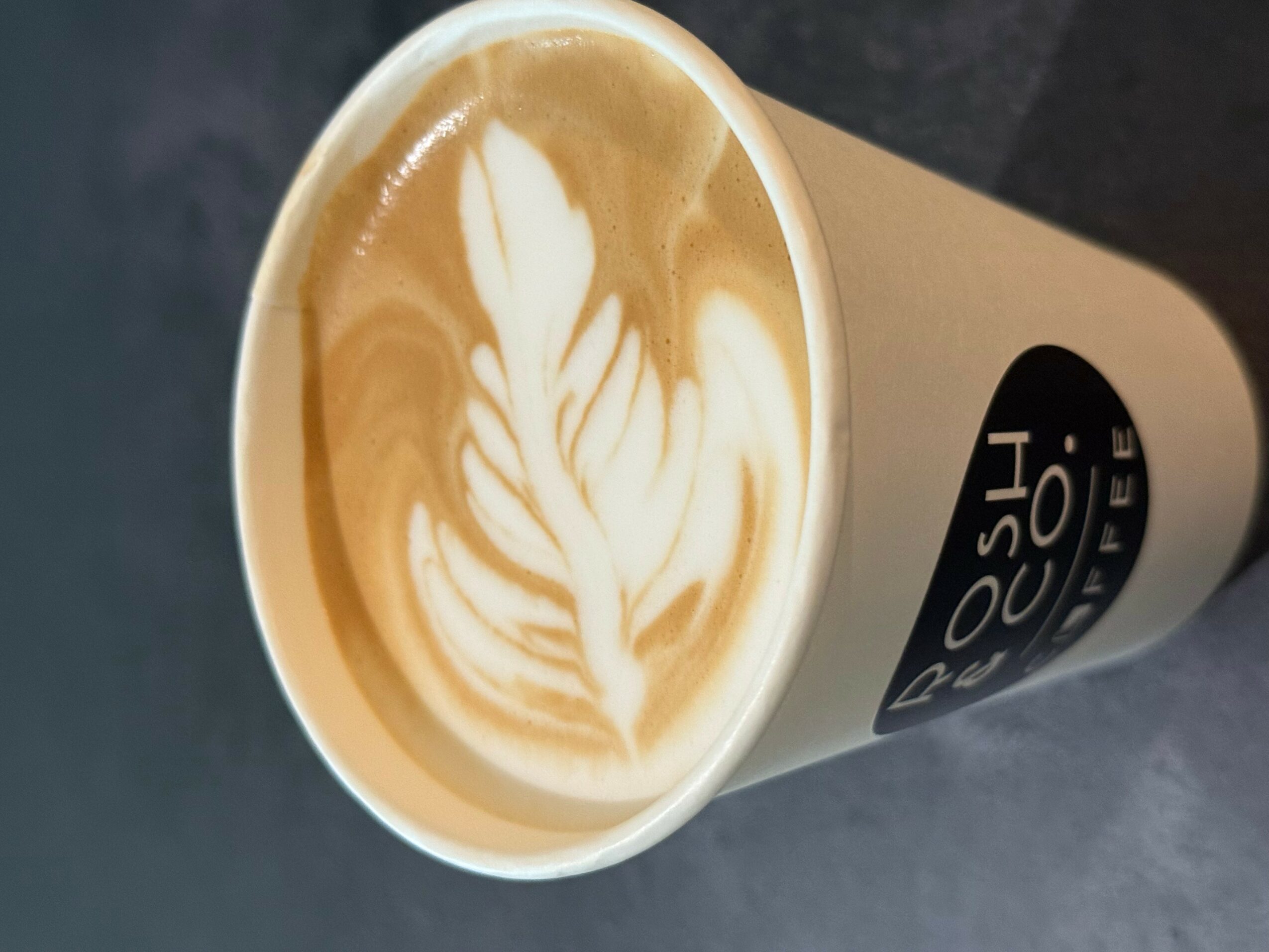 Coffee cup with latte art resembling a leaf or feather design, on a dark surface.