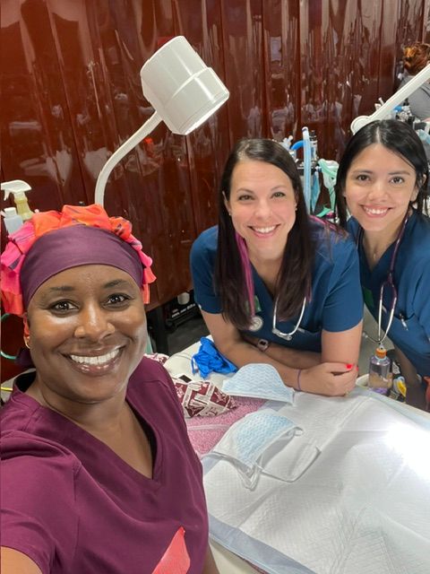 Three women sitting at a table, smiling, in a room with wooden walls, with medical or dental equipment visible.