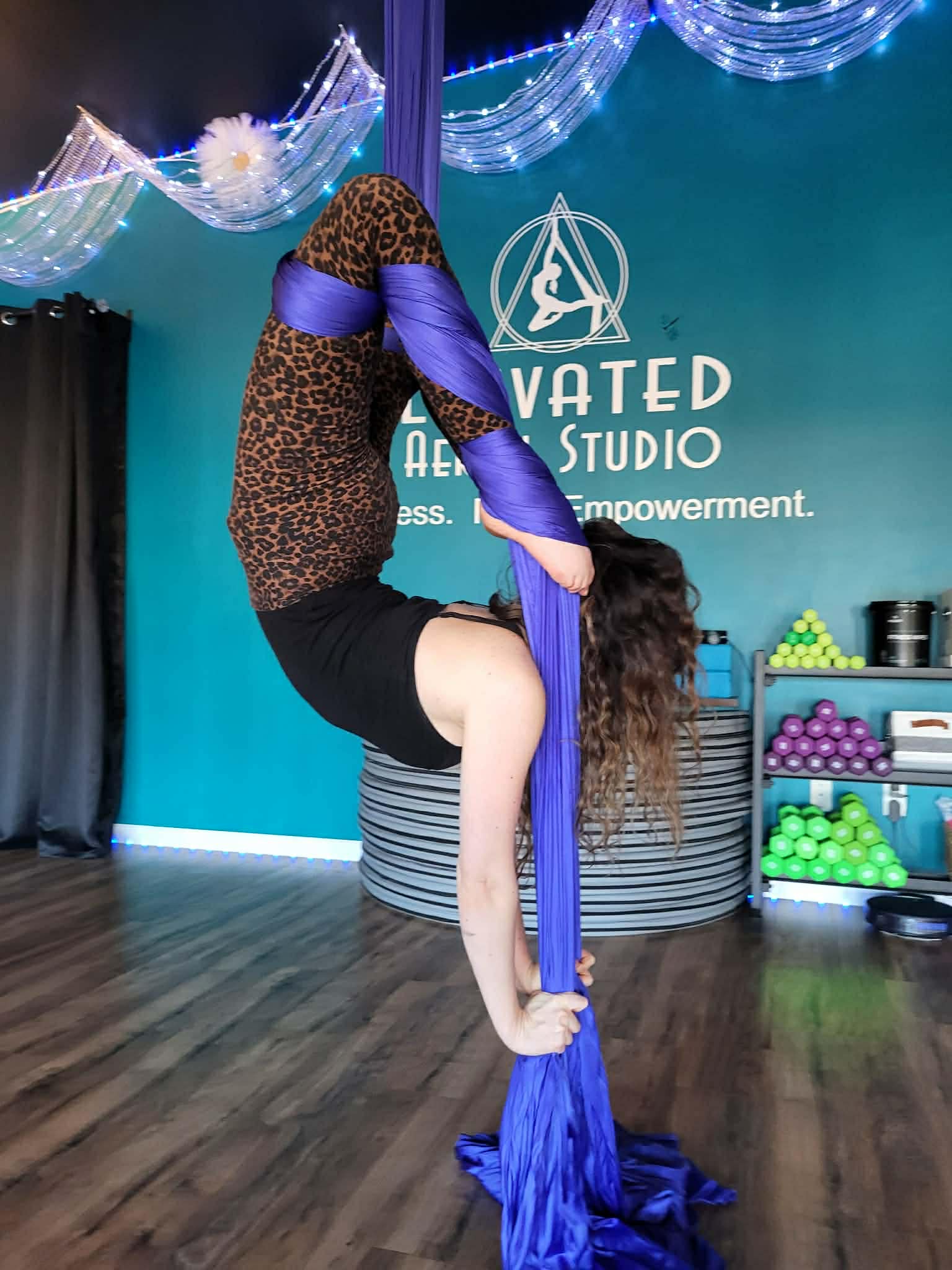 Person performing aerial silk pose with legs bent over head, holding blue silk, in studio with equipment and decorations.