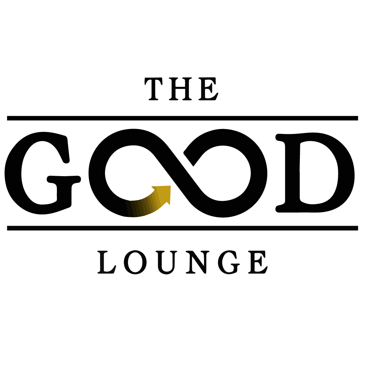 Logo with the words 'The Good Lounge' and an infinity symbol in the center, with a small arrow inside the symbol.