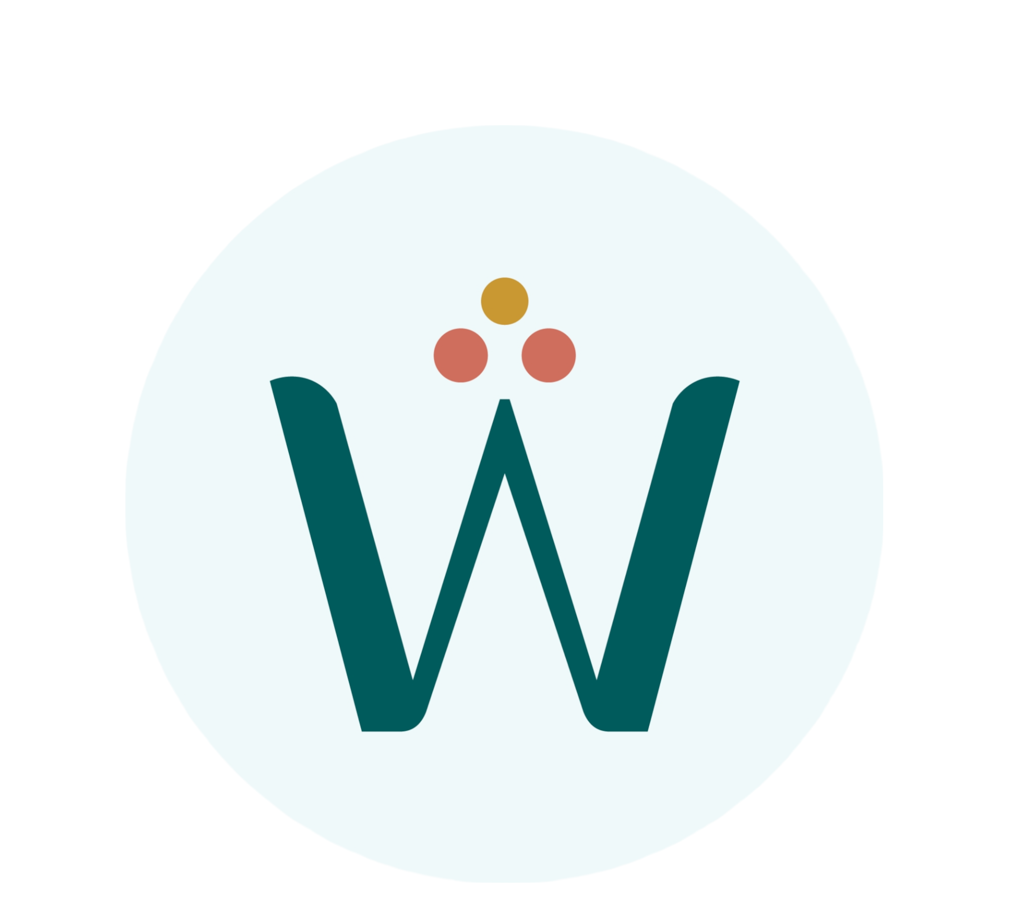 Letter W with three dots above, two red and one gold, on a light blue circle background.