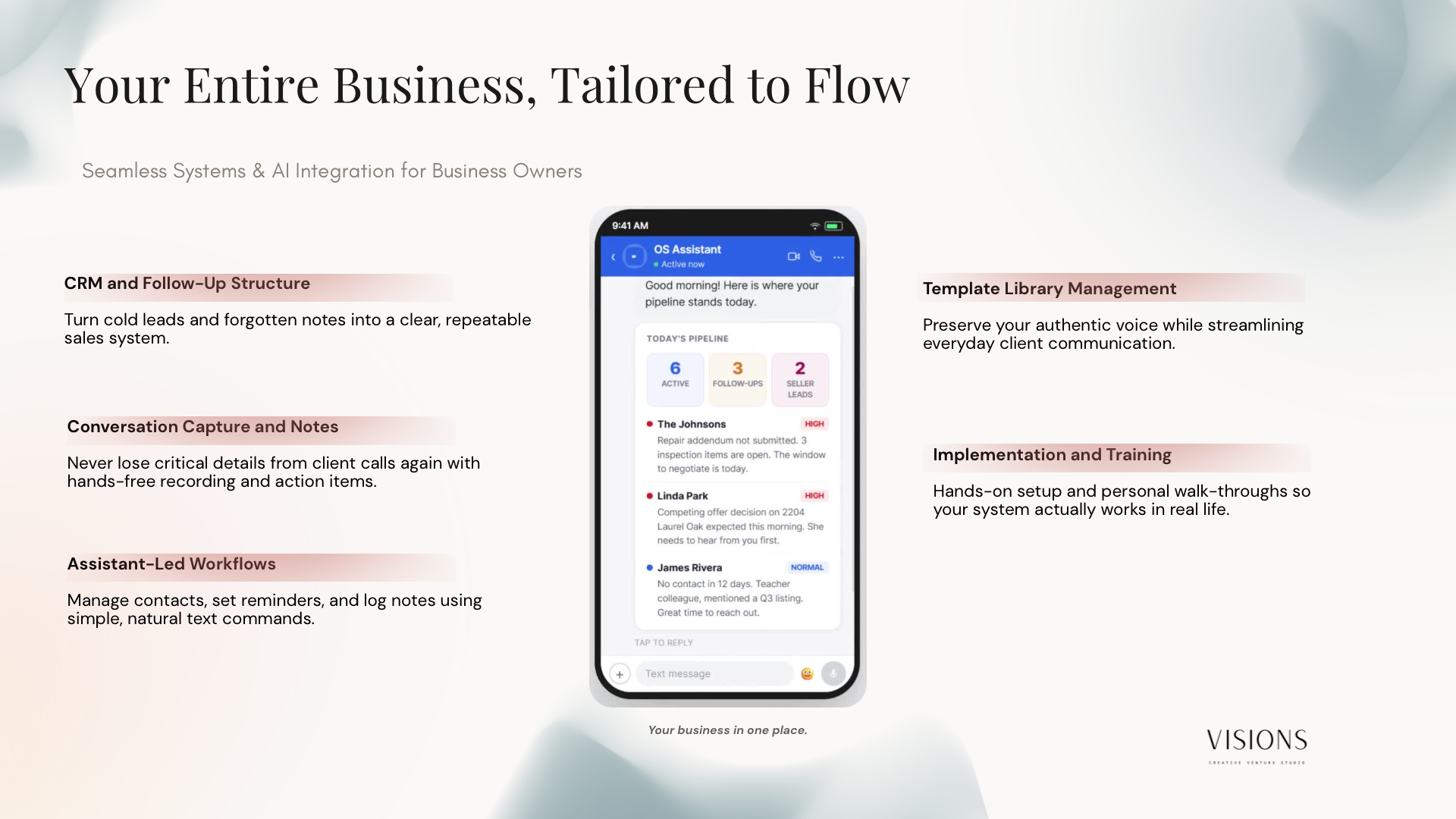 Slide with a smartphone displaying a business app, text about tailored business solutions, and a light background with abstract shapes.