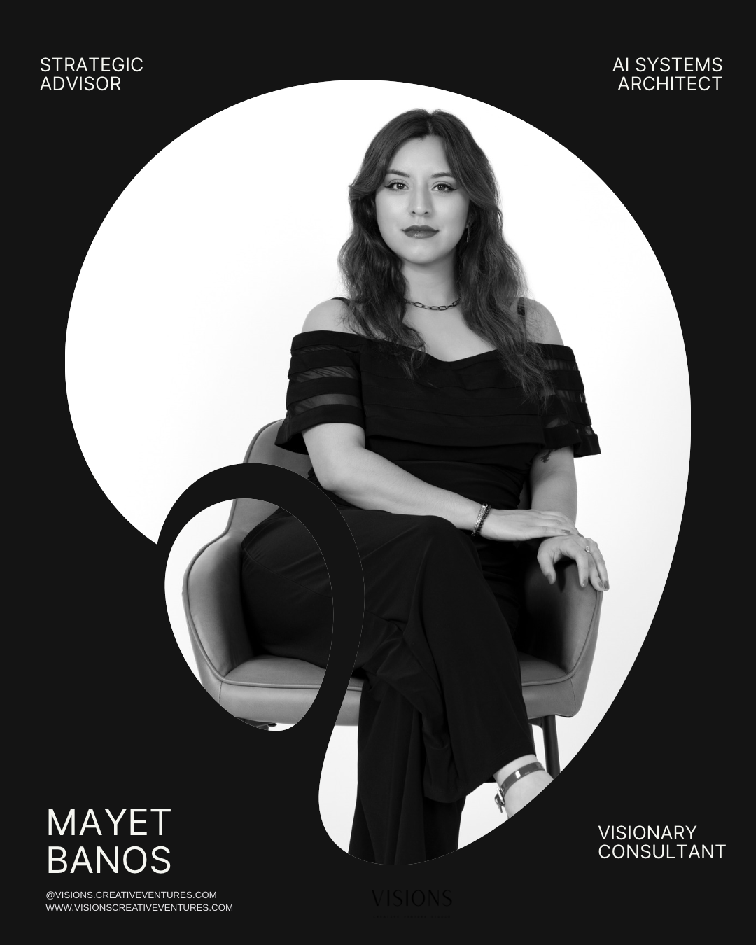 Woman sitting on a chair, wearing a black dress, with text indicating her professional titles and roles.
