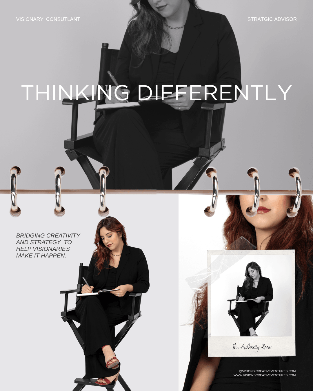 Woman sitting on a director's chair, reading a book, with text 'Thinking Differently' and additional images of her writing.