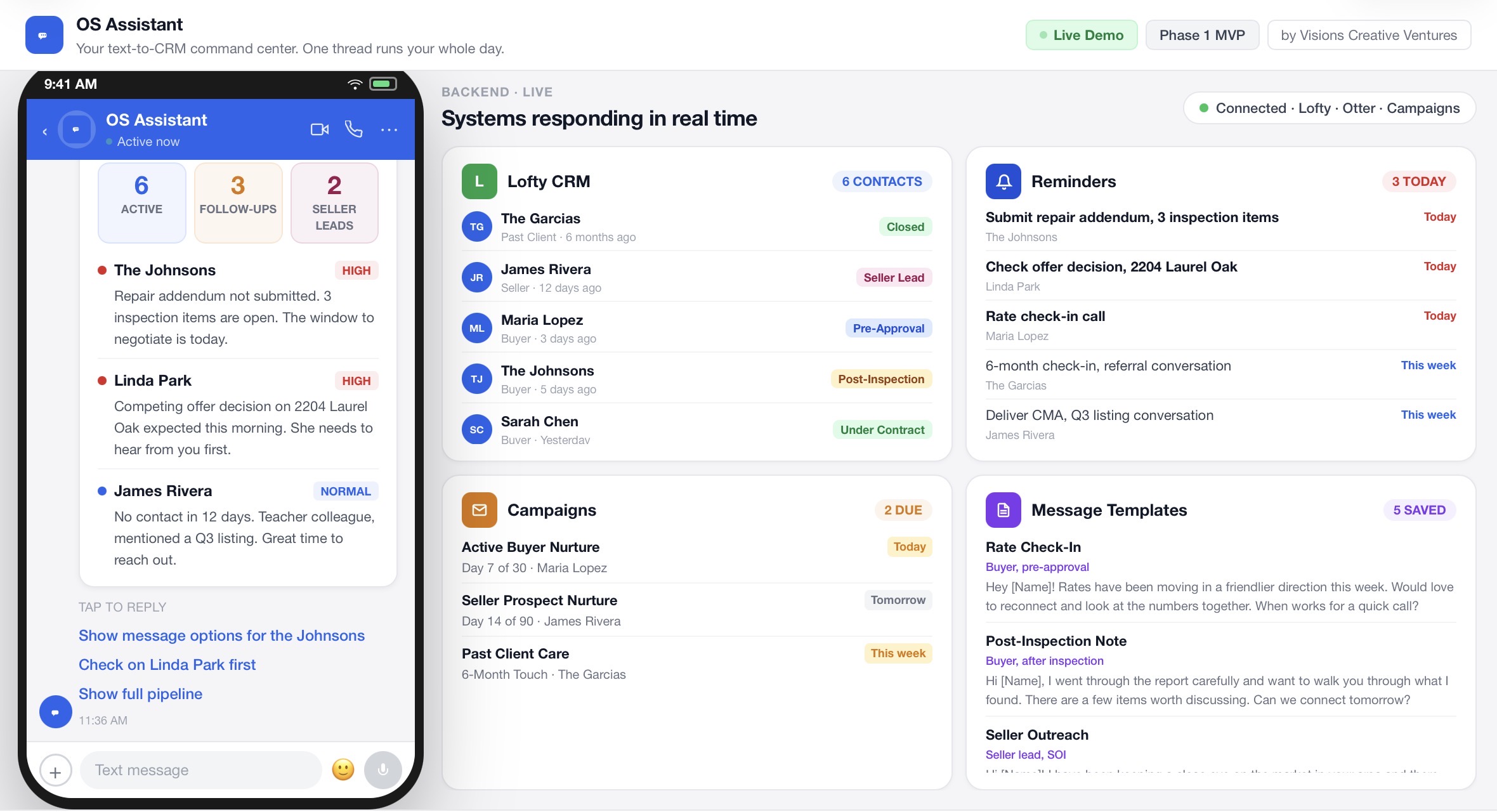 Screenshot of a mobile app displaying a dashboard with notifications, reminders, campaigns, and message templates, with a blue and white interface.