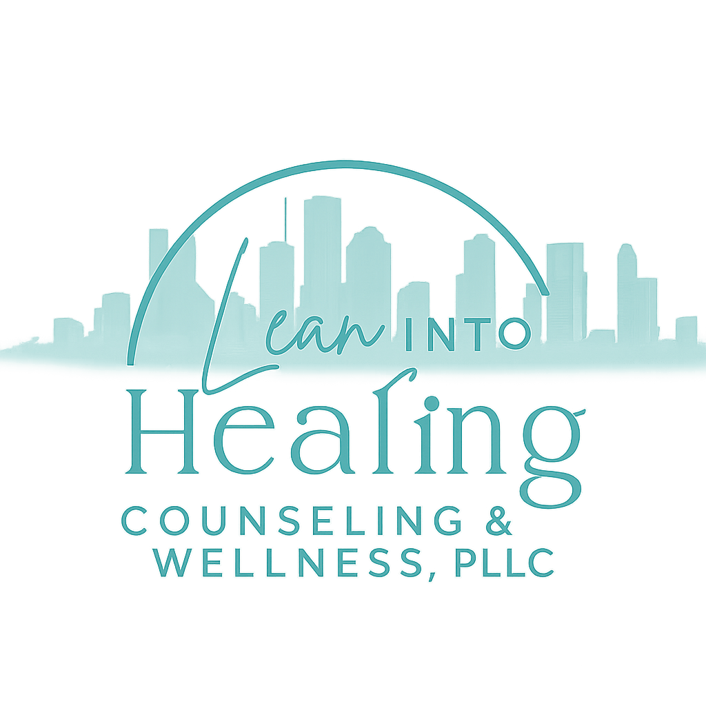 City skyline with a curved line and text for a counseling and wellness business, blue on black background.