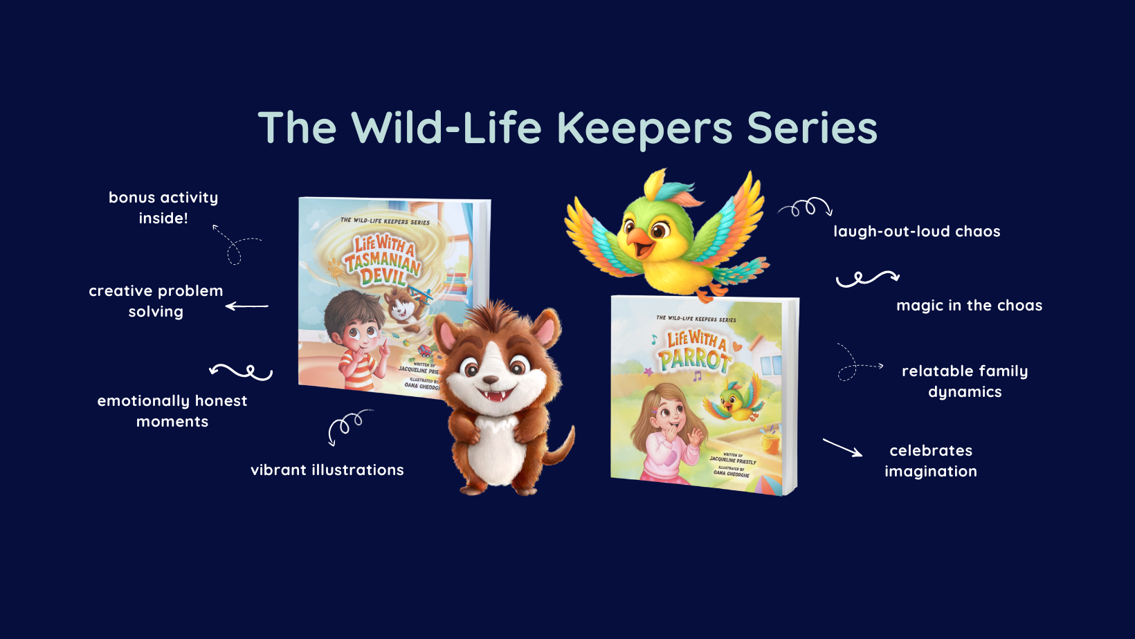 Diagram of Wild-Life Keepers Series with colorful characters and activity descriptions, on a dark blue background.