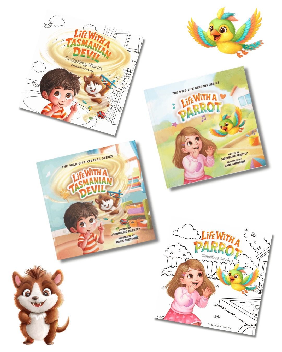 Four children's book covers with colorful illustrations of animals and children, and a cartoon bird, some with sketches. Word titles include 'Life with a Tasmanian Devil,' 'Life with a Parrot,' and 'Life with a Tasmanian Devil.'