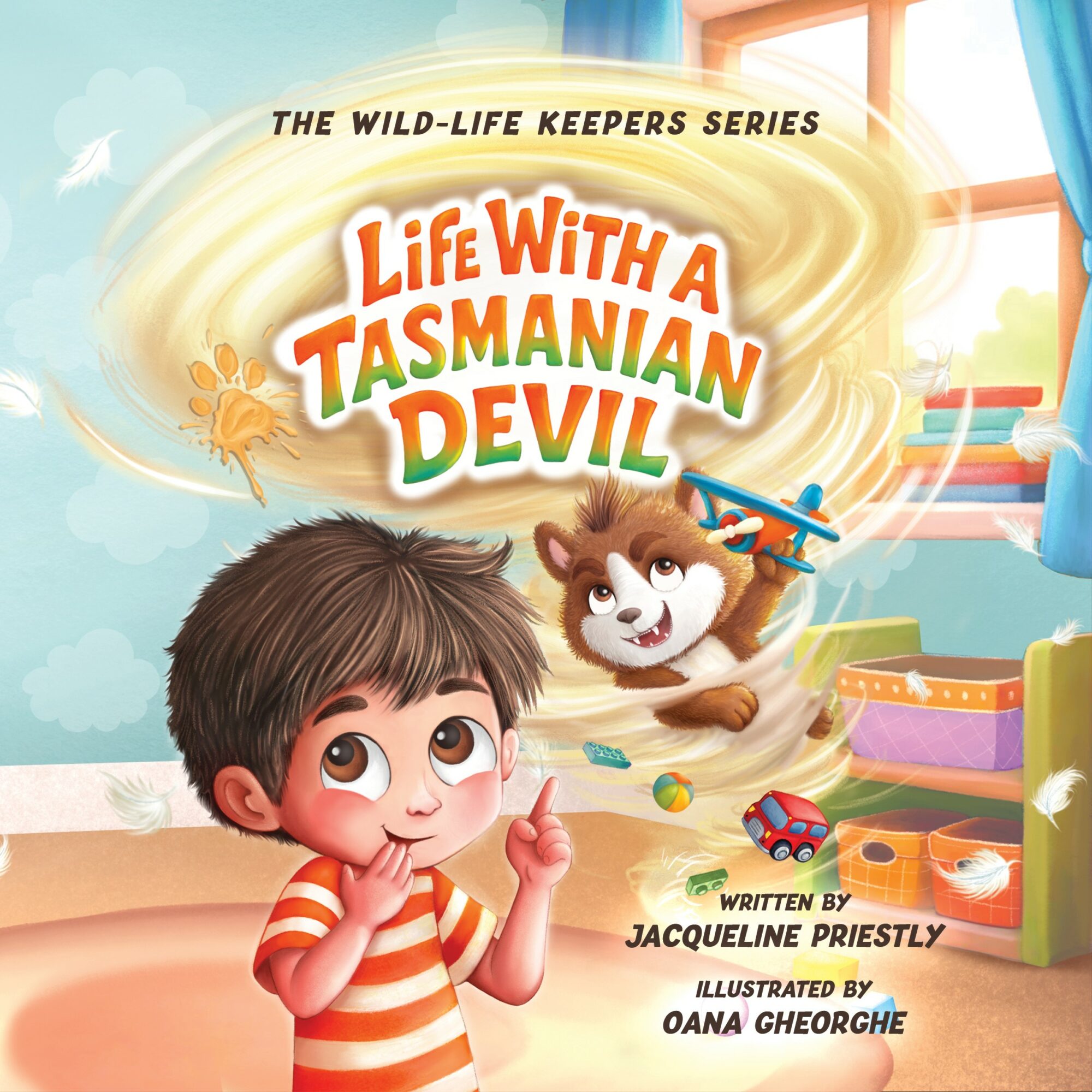A young boy with brown hair and a red and white striped shirt points upward, with a Tasmanian devil cartoon flying in a swirl of dust behind him in a colorful room.