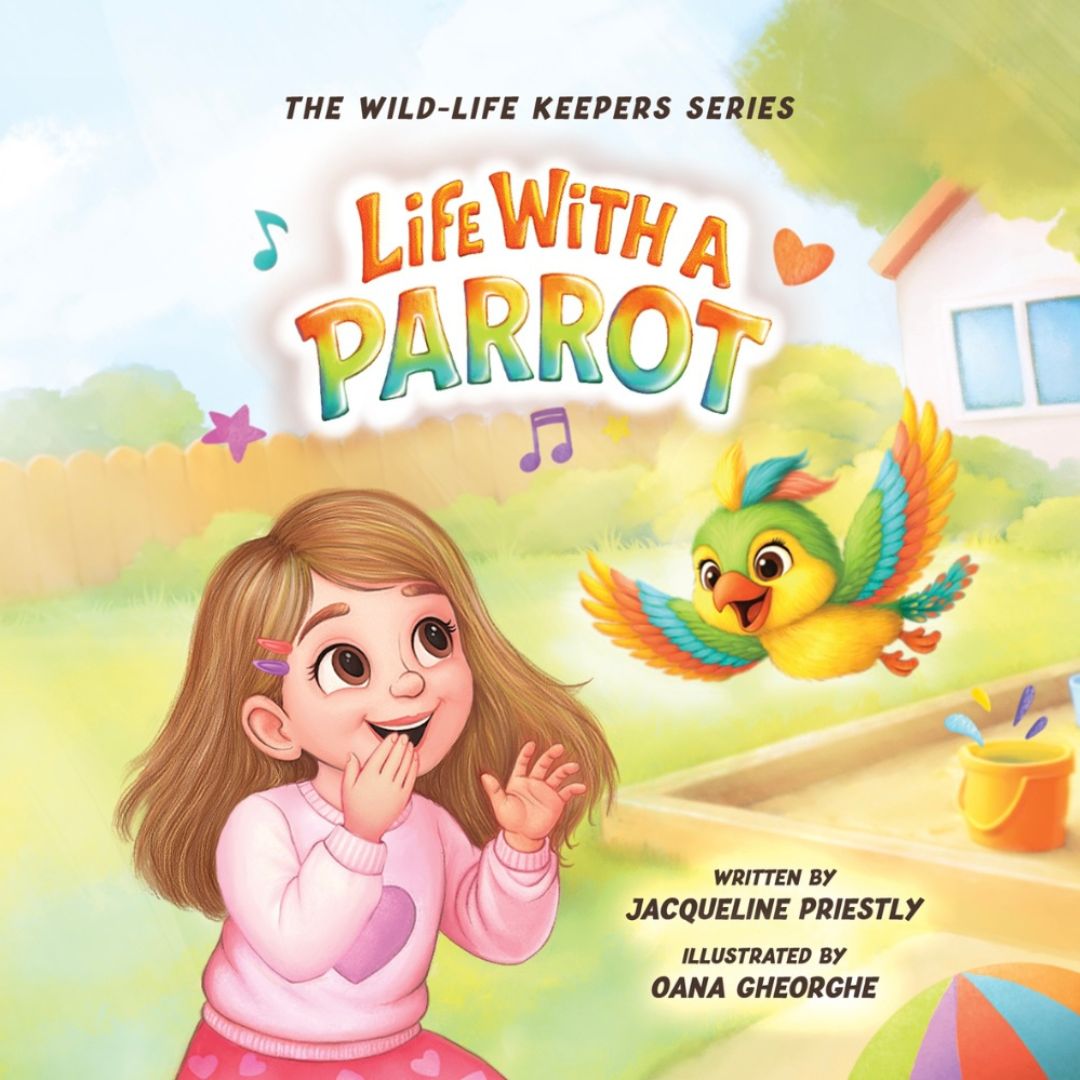 Young girl with brown hair and pink sweater watching a colorful parrot fly outdoors, with a house and trees in background.