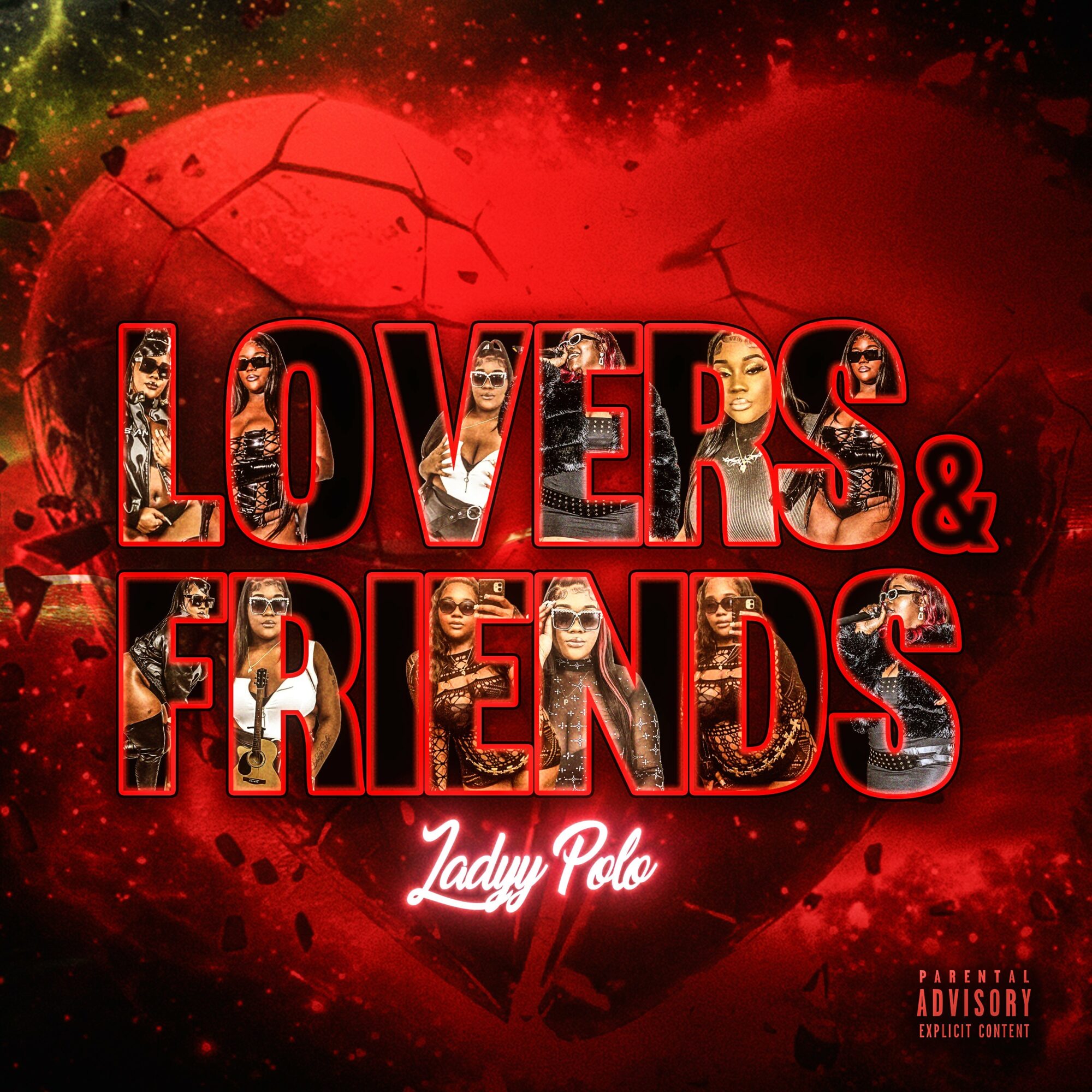 Text reads 'LOVERS & FRIENDS Lady Polo' with a red background and a heart shape, featuring images of women inside the text.