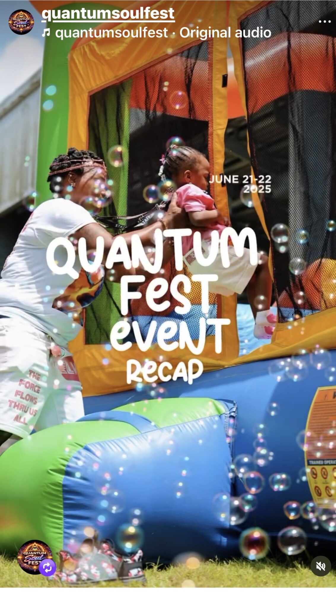 Children playing on colorful inflatable structures at a festival, with bubbles floating around, bright colors, and a green background.