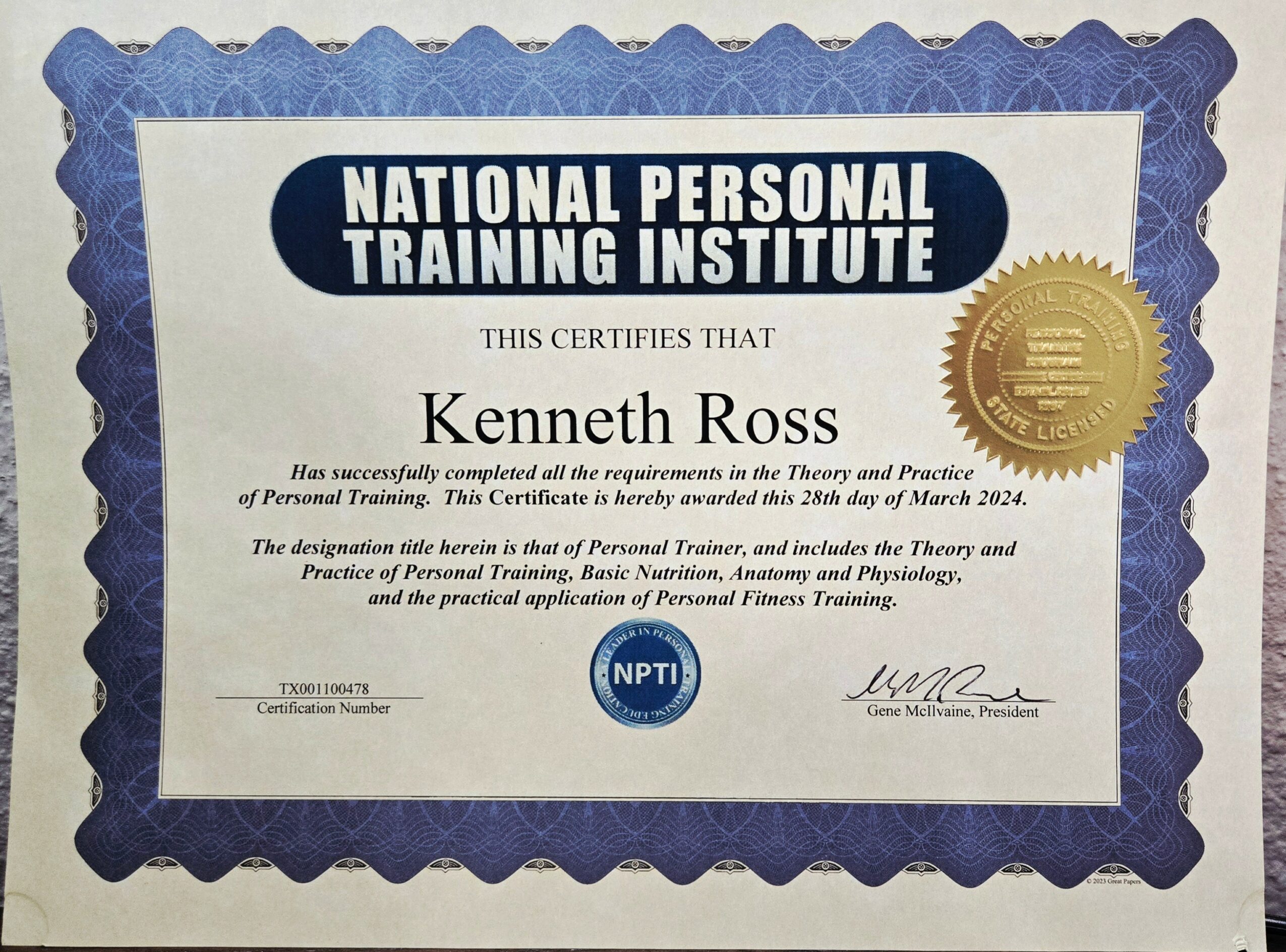 Certificate from the National Personal Training Institute awarded to Kenneth Ross for completing personal training requirements, with a gold seal and signature.
