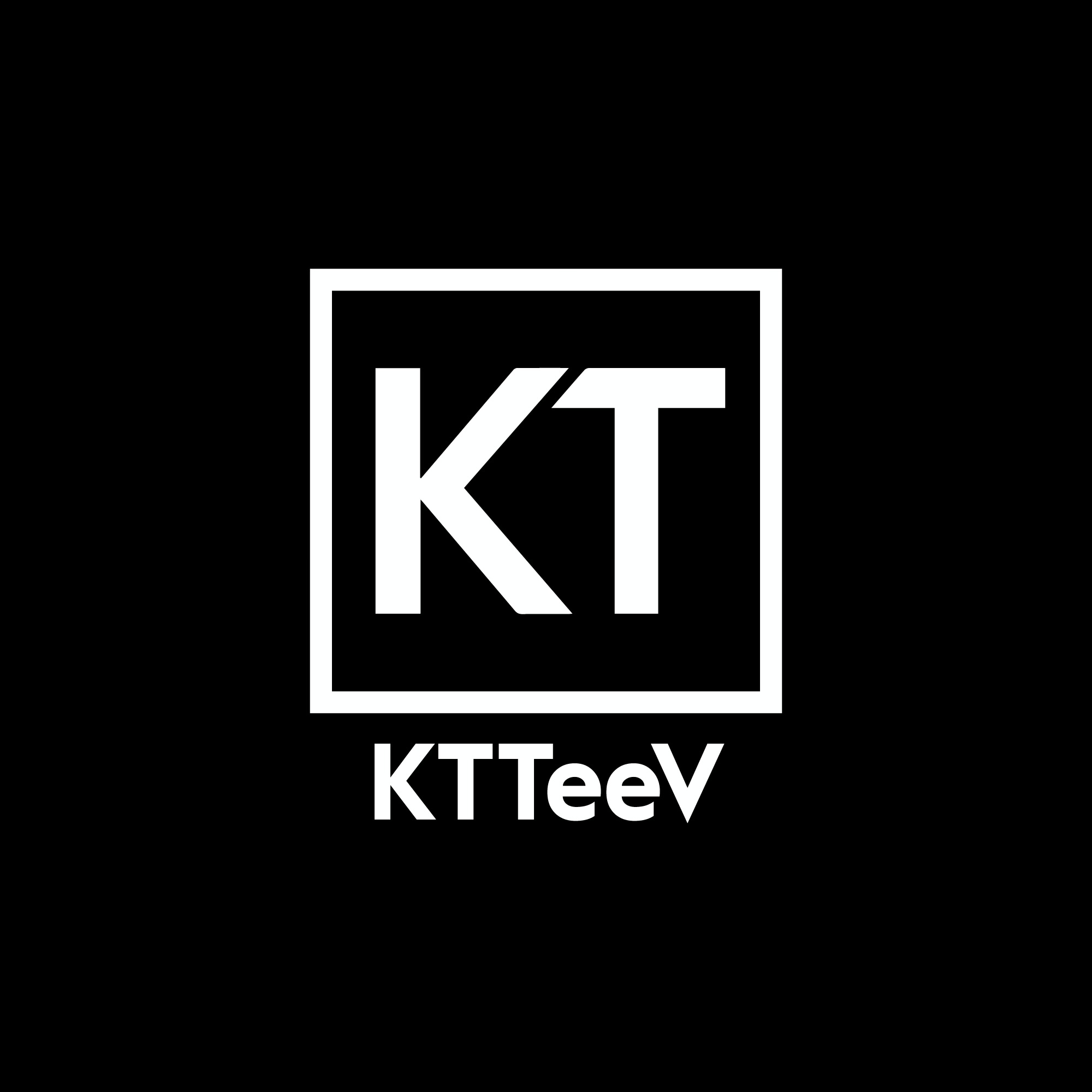 Black background with white square logo containing 'KT' and 'KTeeV' below, centered. Word 'KTeeV' has a stylized 'V'.