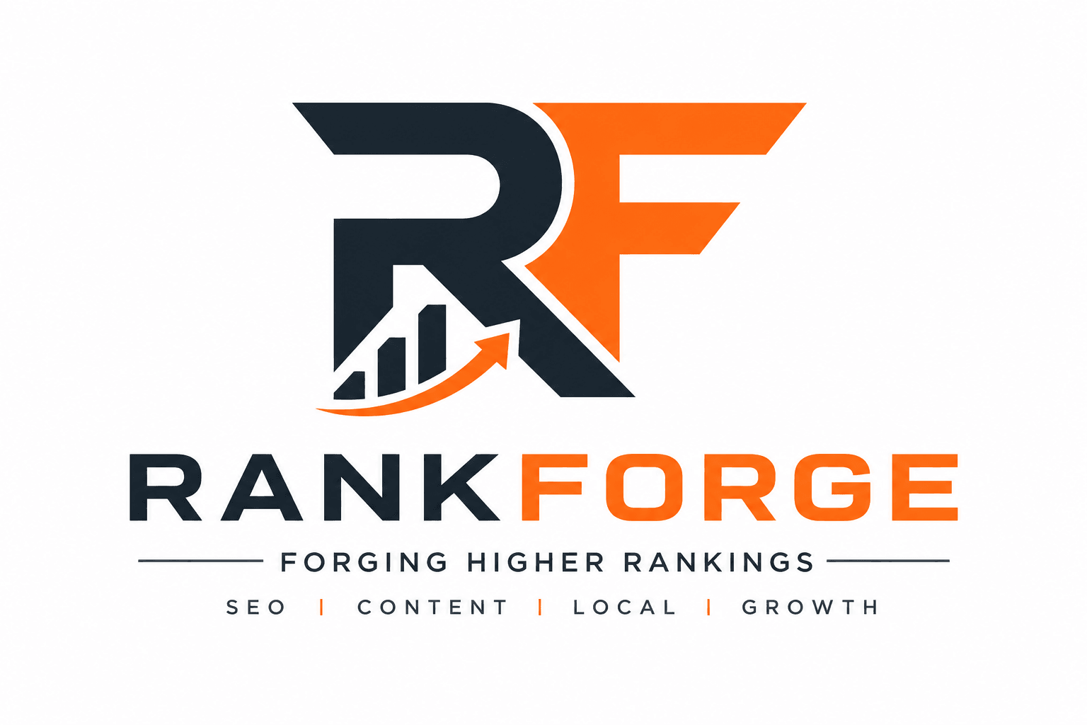 Logo with stylized letters R and F, with upward graph bars and an arrow, and the text RANKFORGE, Forging Higher Rankings.