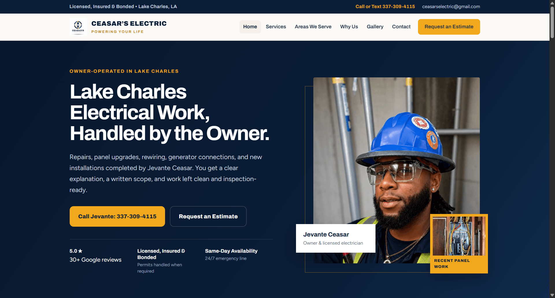 A man wearing a blue hard hat and safety glasses, with a construction site background, smiling. Text about Lake Charles electrical work.
