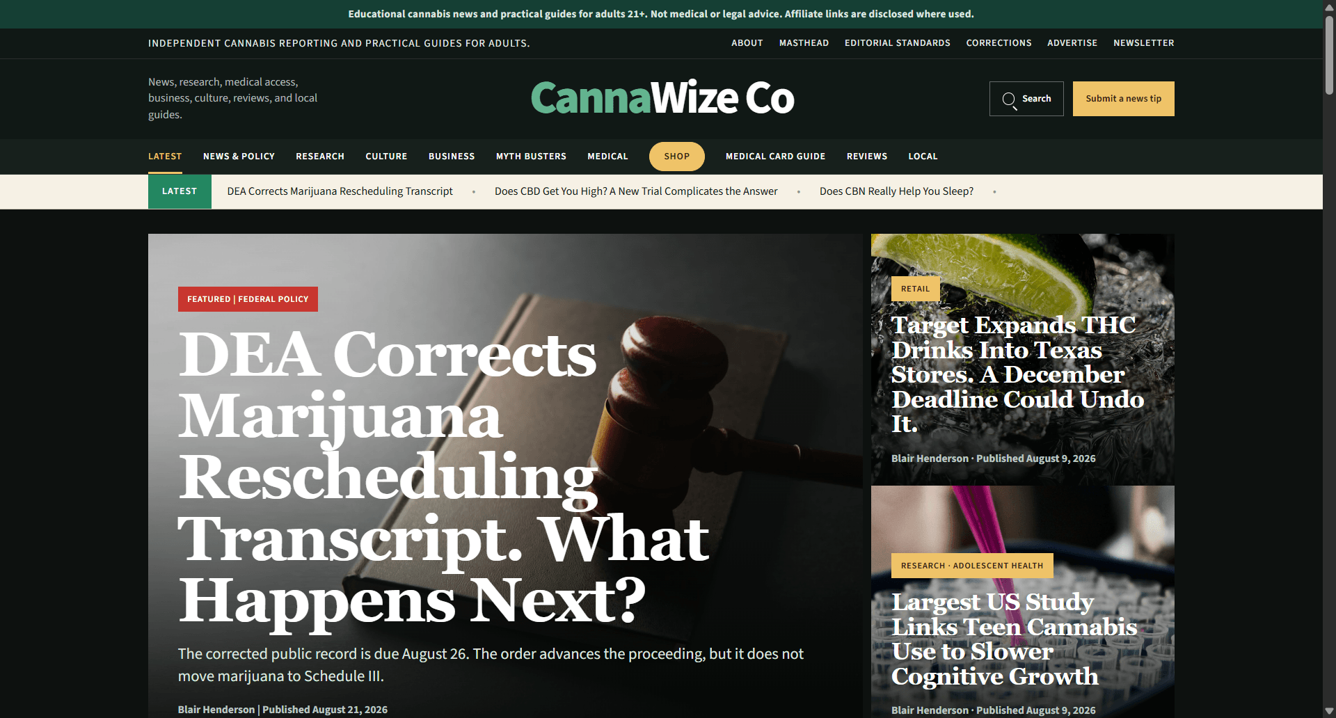 Webpage screenshot showing news headline about DEA rescheduling marijuana and related topics, with a gavel image, and other news stories.