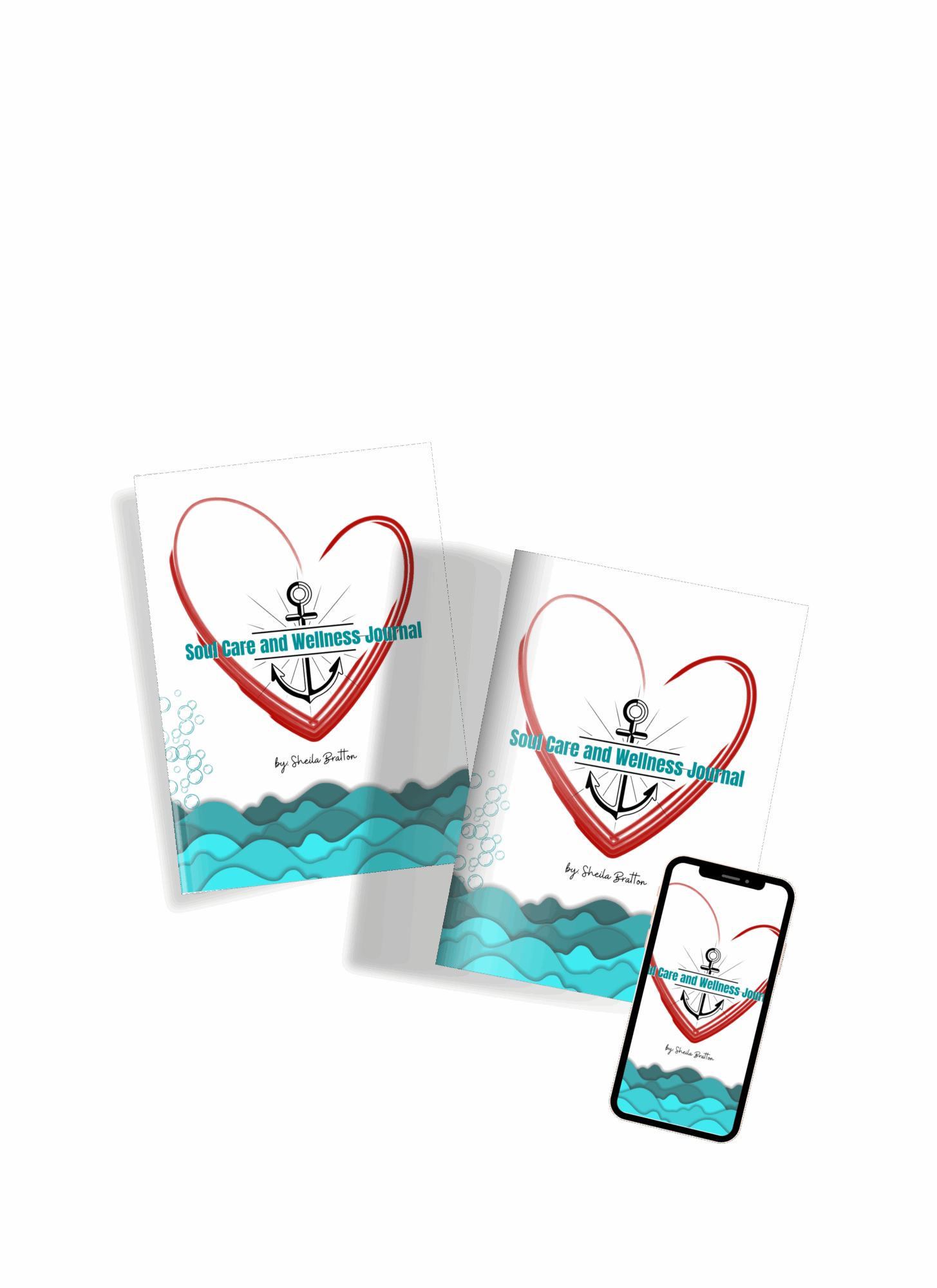 Three screens display a heart with an anchor inside, waves at the bottom, and text, with the smallest showing a mobile phone.
