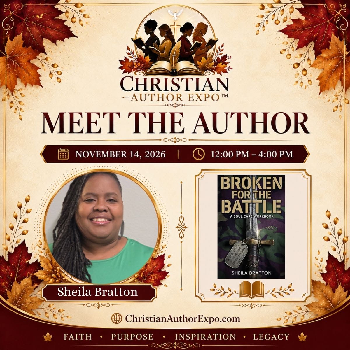 Event poster featuring Sheila Bratton, book cover of 'Broken for the Battle', date November 14, 2026, time 12:00 PM to 4:00 PM, autumn leaves border.