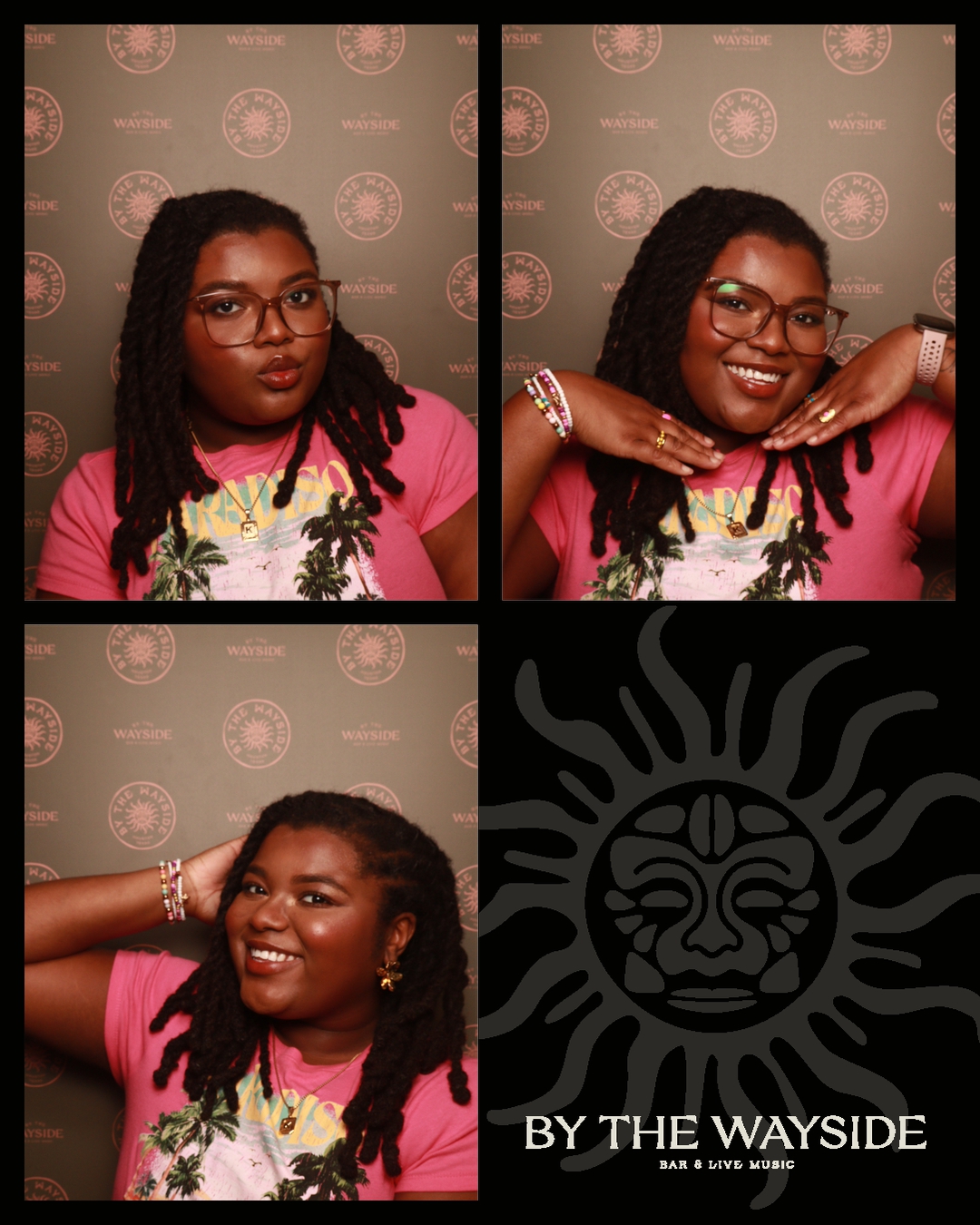 Three photos of a woman with glasses and dreadlocks, smiling and posing, with a patterned background. Fourth image is a logo with a lion's face and sun rays.