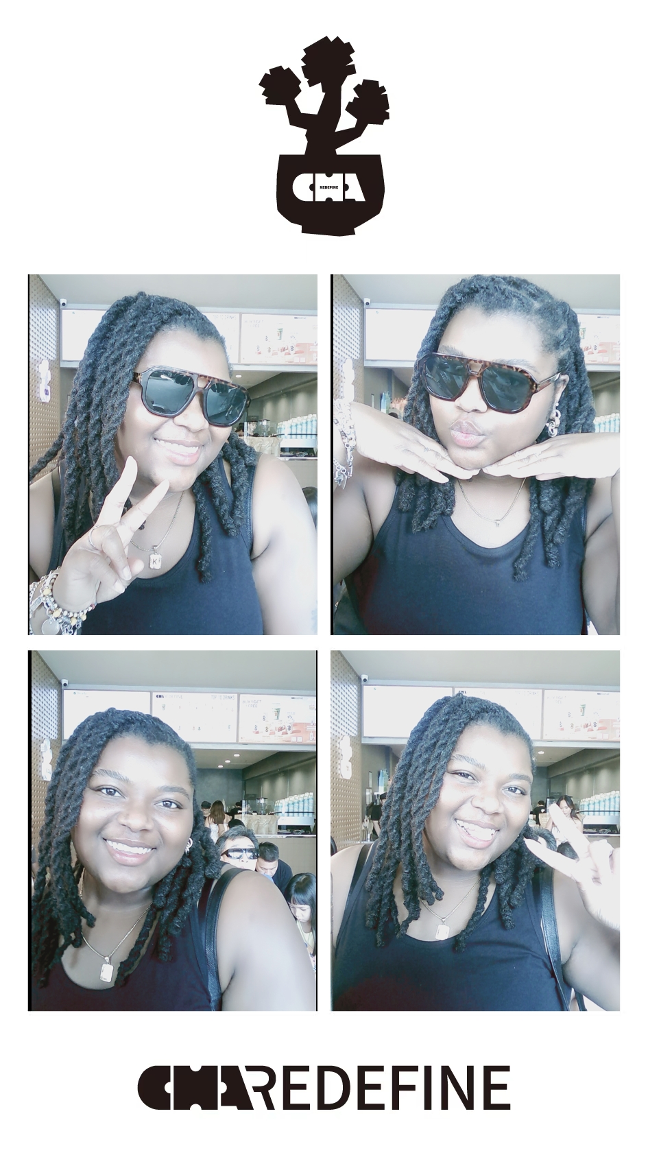Four photos of a woman with glasses and braided hair, smiling and posing, with a logo and text below.