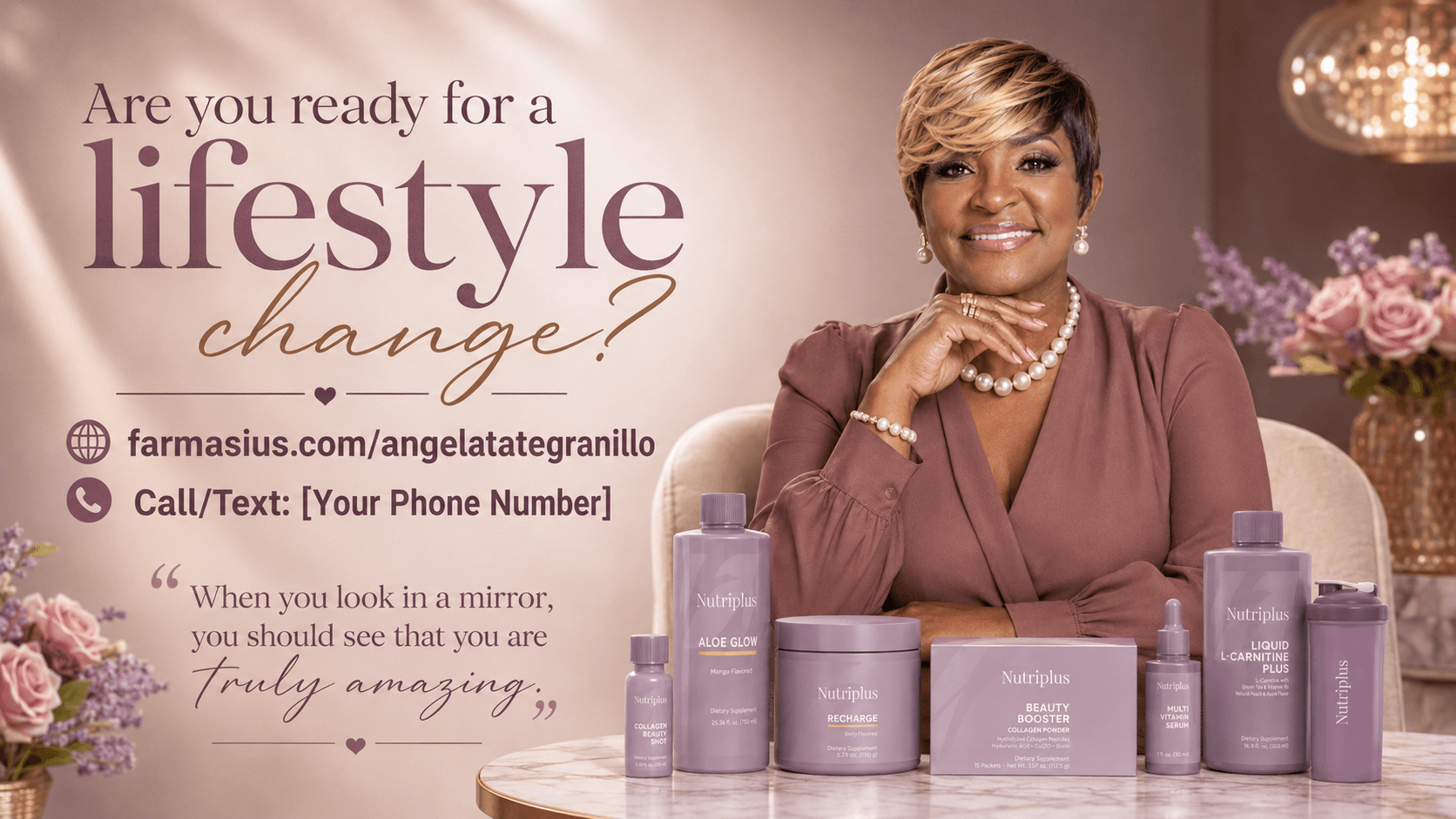 Smiling woman with short hair and jewelry, surrounded by skincare products, in a salon or store setting.