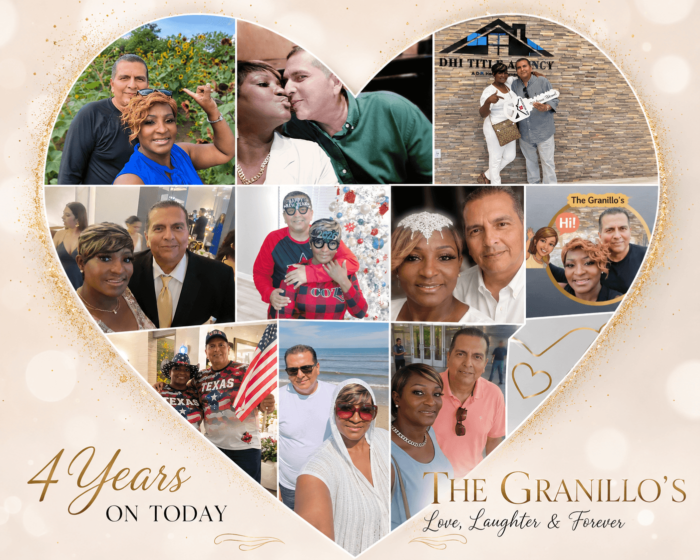 Collage of people celebrating 4th anniversary, including couples and family photos, inside a heart shape with text and decorative elements.