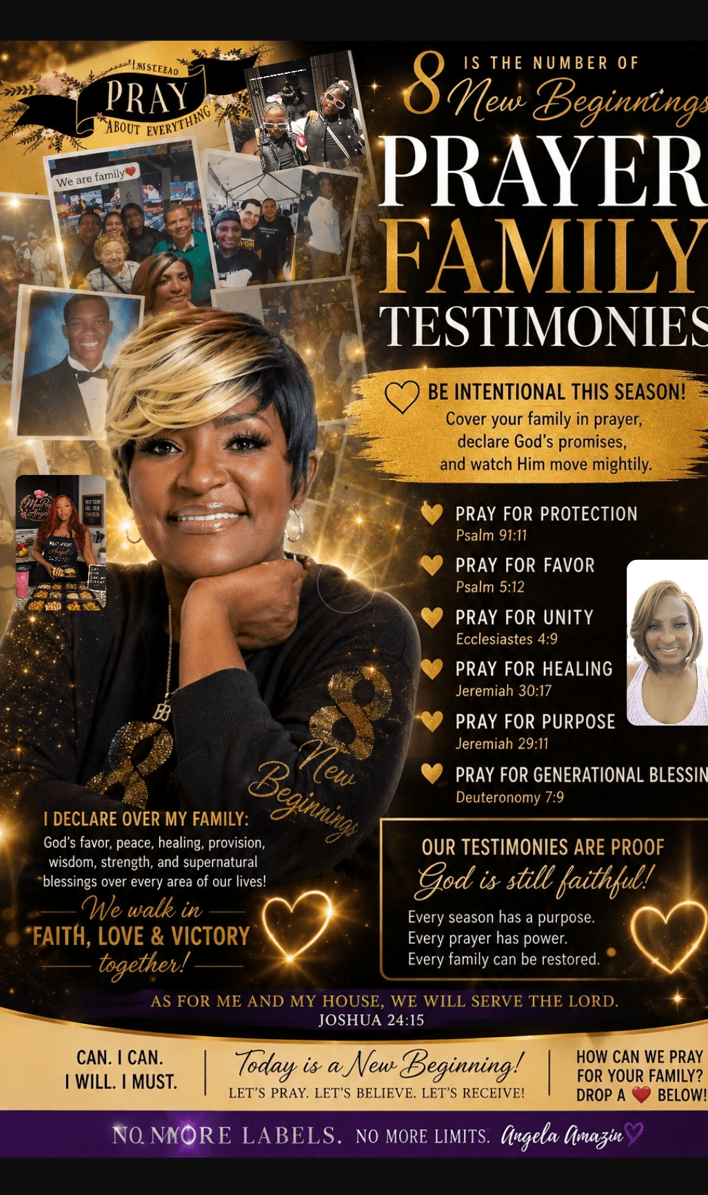 Smiling woman with short blonde hair in front of a collage of people, text about prayer and family testimonies, gold and black theme.