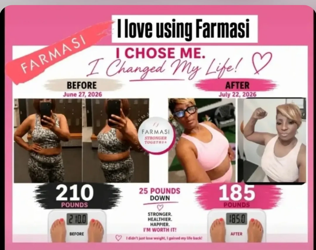 Comparison of weight loss from 210 to 185 pounds with before and after photos, pink background, and text about using Farmasi.