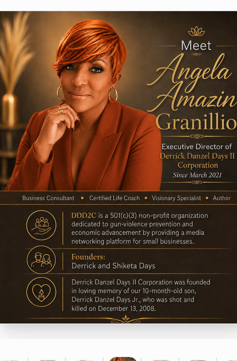 Portrait of a woman with short red hair wearing a brown blazer, smiling, with text about Angela Amazin Granillo and her achievements.