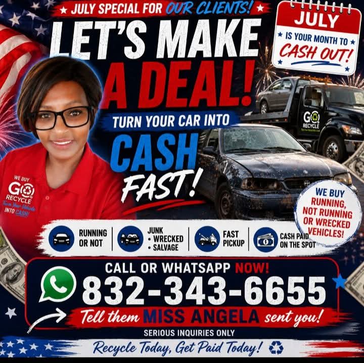 Woman in red shirt smiling, promotional car sale with text about deals, cash offers, and contact number, patriotic background.