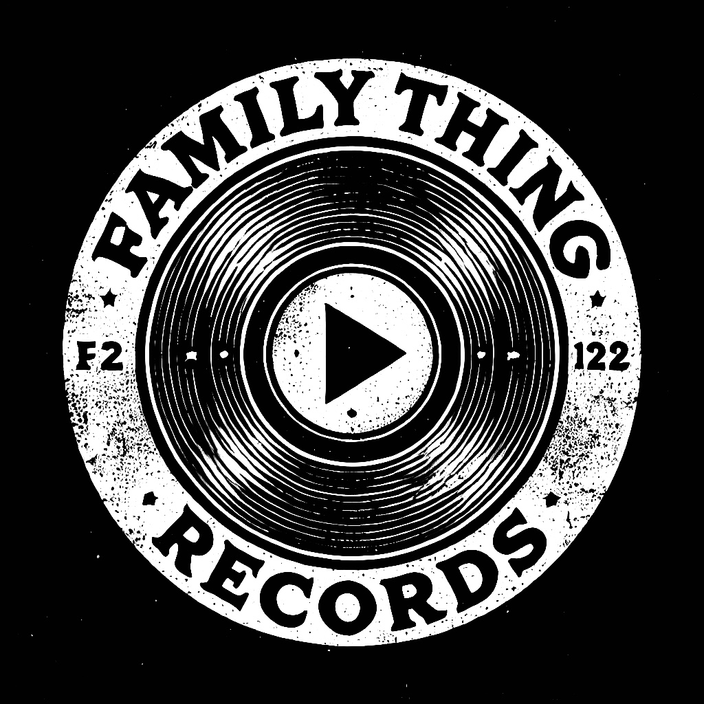Circular logo with text 'Family Thing Records' and a play button in the center, black and white design.