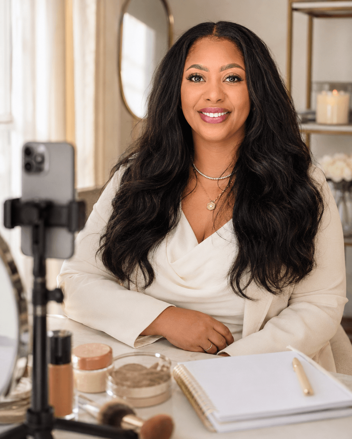Woman with long dark hair smiling at camera, sitting at a table with makeup and a notebook, in a well-lit room.