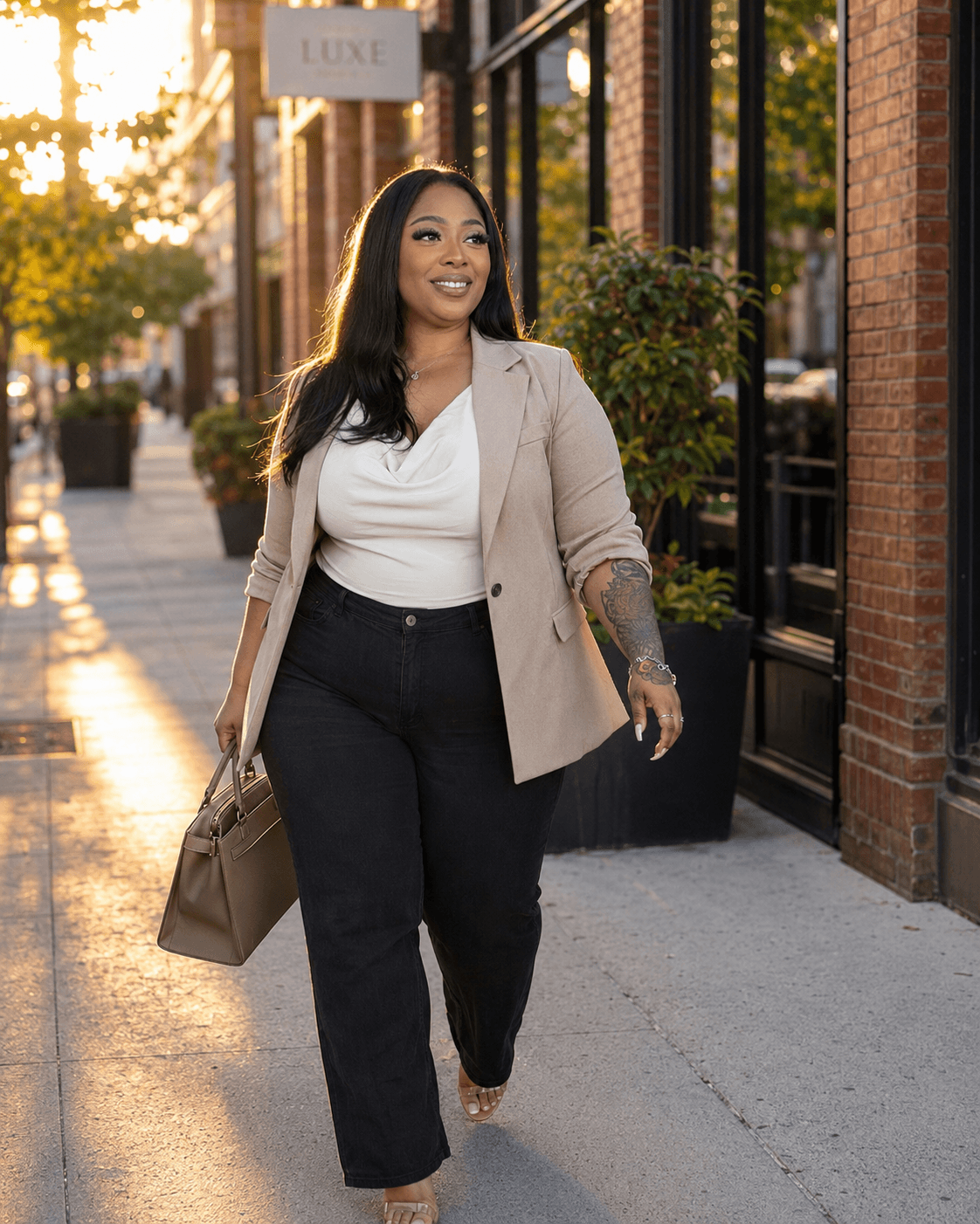 Woman walking on sidewalk in sunlight, wearing beige blazer, white top, black pants, carrying a handbag, smiling.