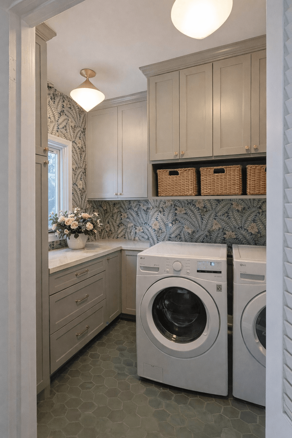 Laundry room with washing machine, cabinets, window, and floral curtains, illuminated by ceiling lights.