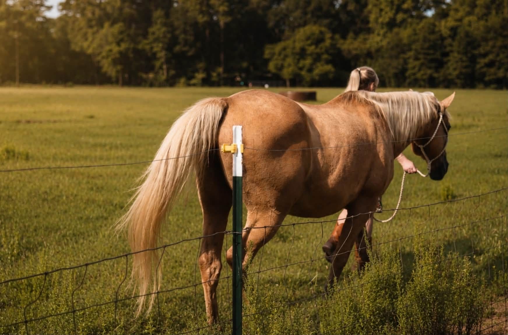 Palomino horse grazing in a grassy field with trees in the background.