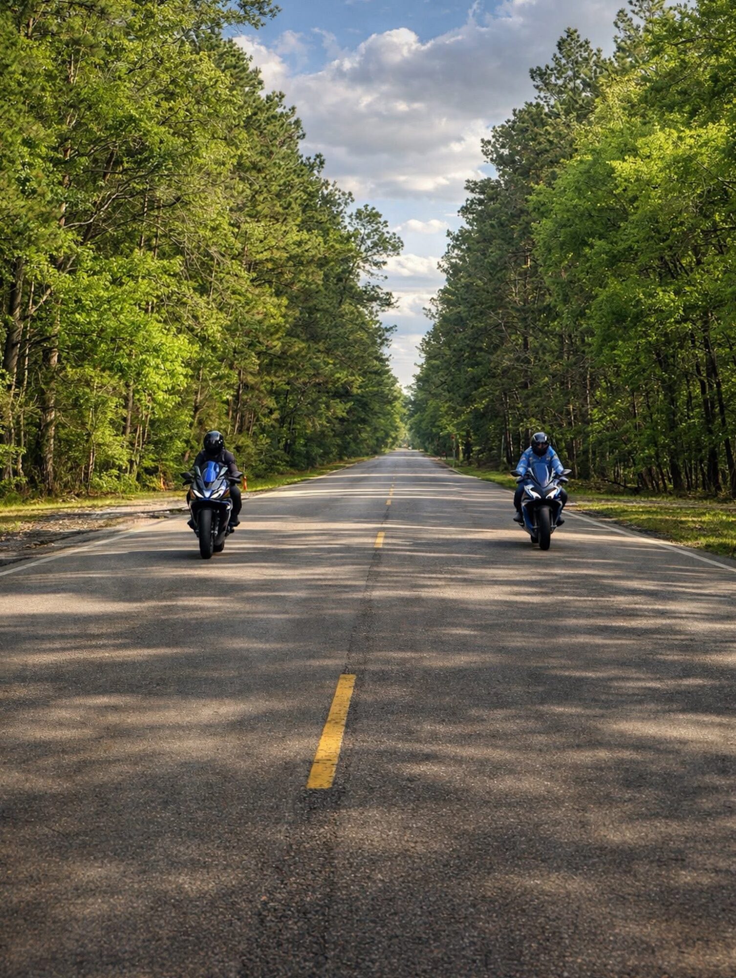 Two motorcyclists ride on a straight road surrounded by green trees under a partly cloudy sky.