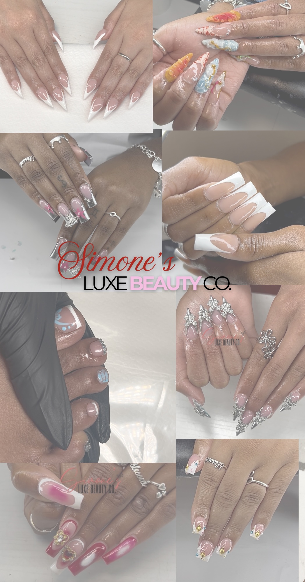 Close-up of hands with manicured nails and rings, showing various nail designs and jewelry, with a logo at the bottom.