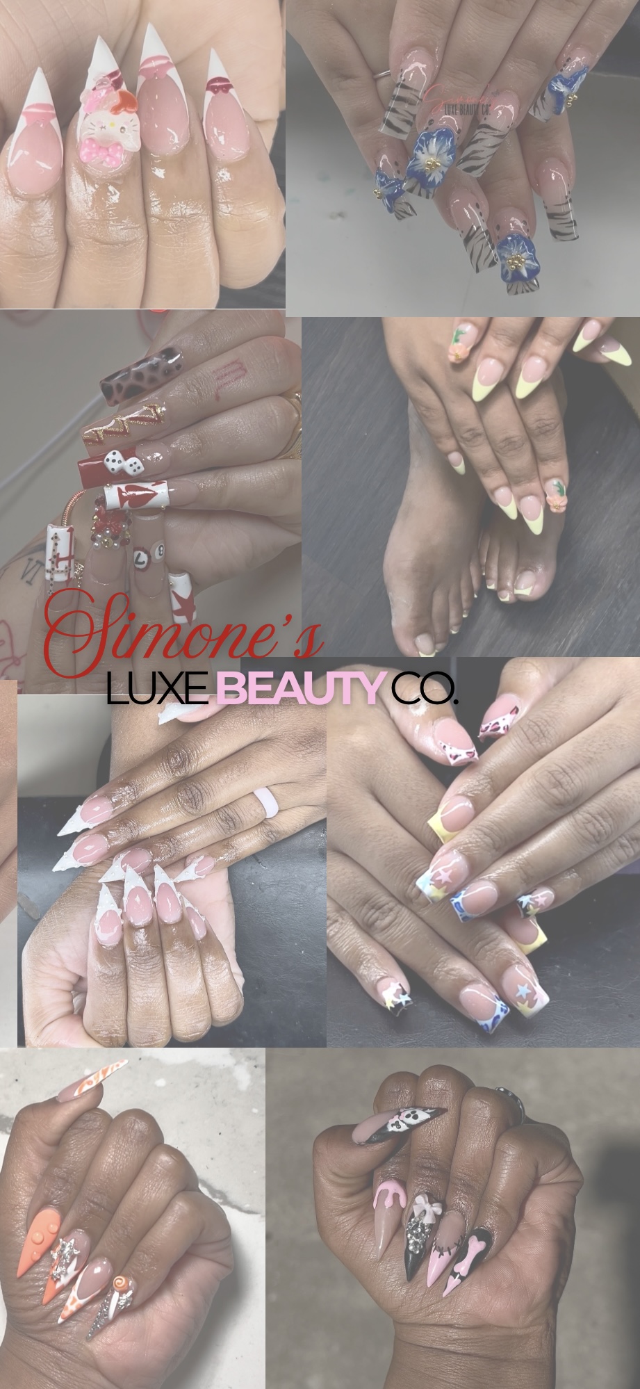 Collage of various manicured nails with different designs and colors, including pink, blue, and floral patterns, on multiple hands and feet.