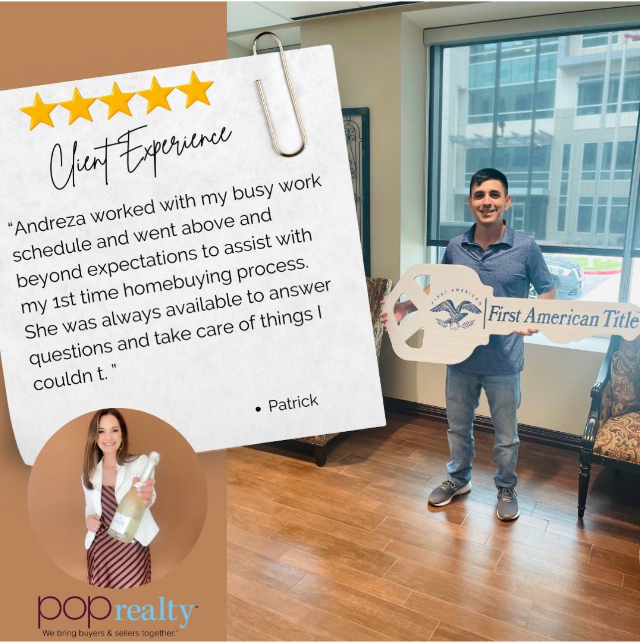 Man holding a sign in a room with large windows, smiling, with a chair nearby. Review card with five stars and a photo of a woman holding a trophy. Pop Realty logo at bottom.