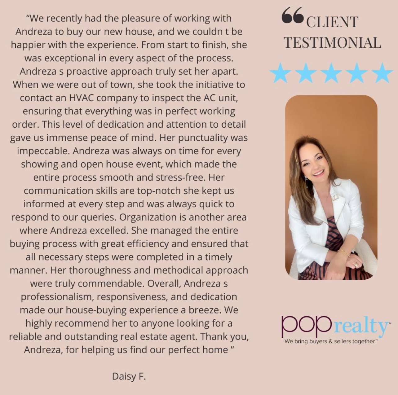Testimonial with a woman smiling, wearing a white blazer, and holding a pen, with a quote about her experience.