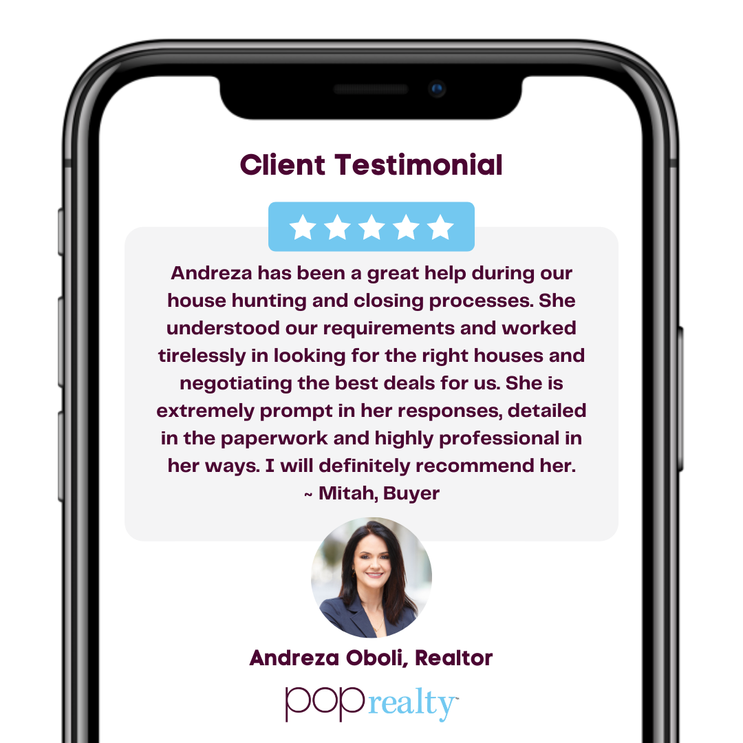 Client testimonial with five-star rating, photo of a woman, and text praising Andreza's help in house hunting.