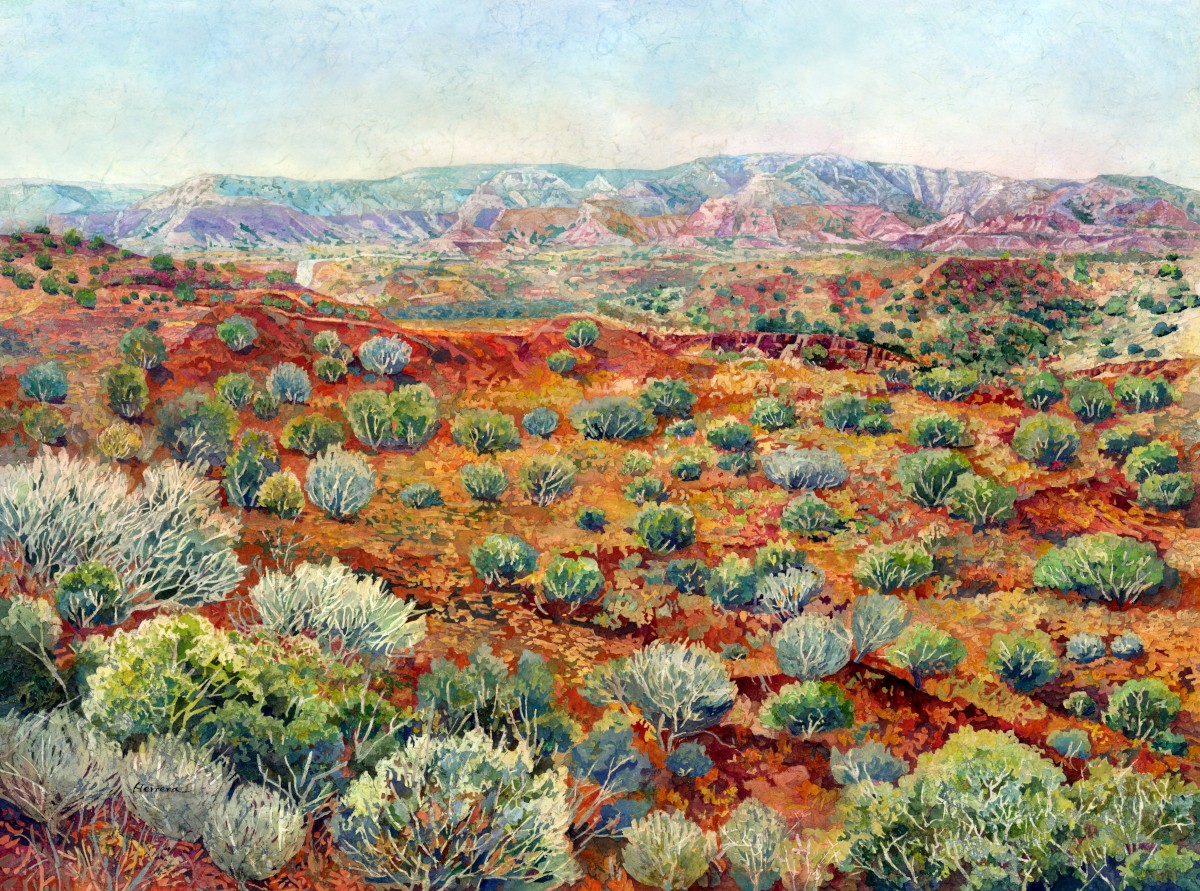 Colorful desert landscape with cacti, shrubs, and distant mountains under a bright sky.
