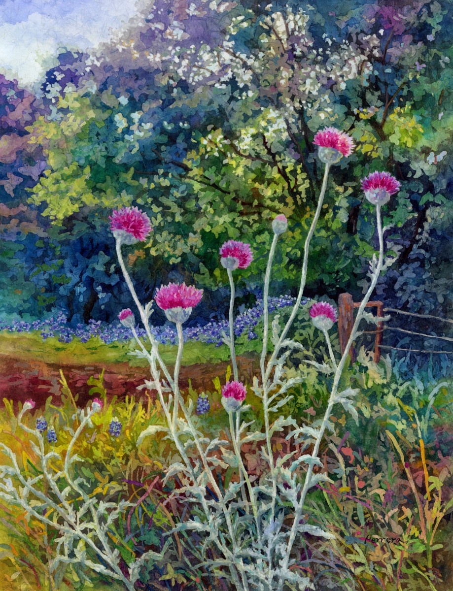 Colorful garden scene with pink flowers and lush green foliage, painted in a watercolor style.