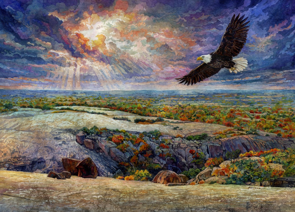 Vivid landscape with colorful trees, rocky terrain, and a soaring eagle against a dramatic sky with clouds and sunlight.