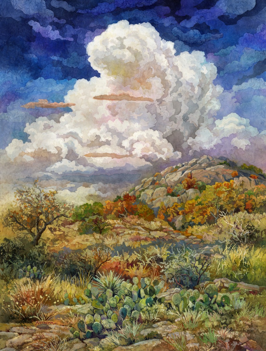 Landscape with colorful trees, bushes, and cacti under a sky with large, billowing clouds and a blue background.
