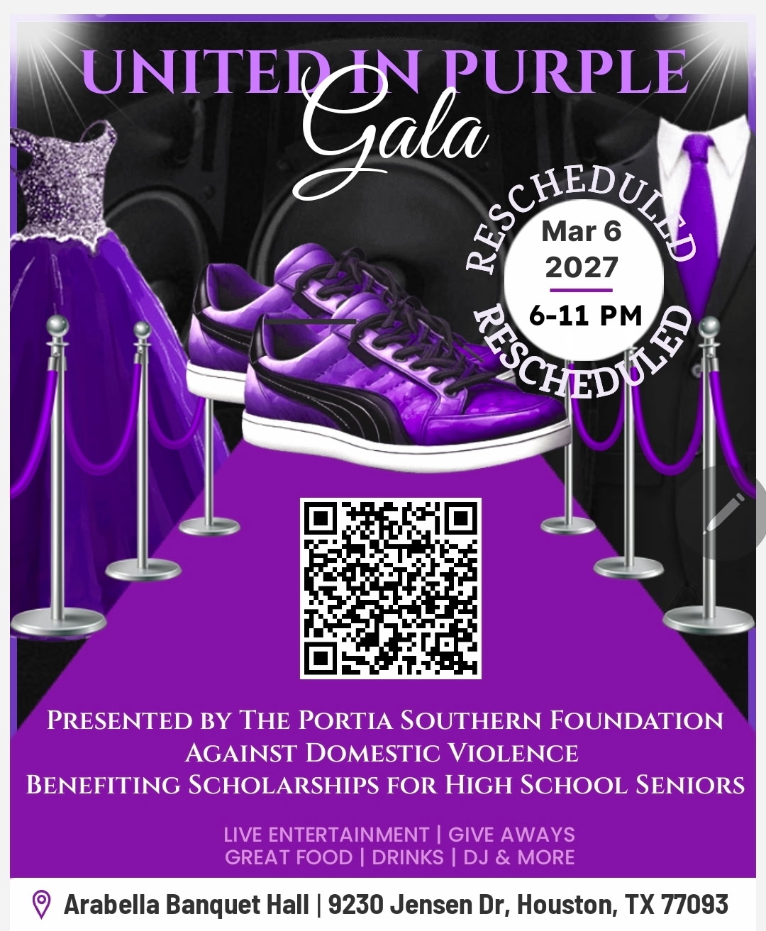 Purple-themed gala poster with shoes, purple carpet, and event details, including date, time, and sponsors.