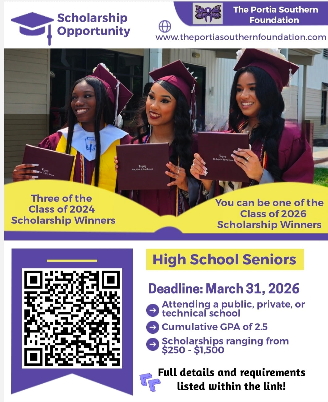 Three high school seniors in graduation caps and gowns holding diplomas, smiling outdoors, with scholarship information and a QR code.