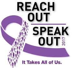 Purple ribbon with small figures, text 'REACH OUT SPEAK OUT', and the phrase 'It Takes All of Us.' 20 words.