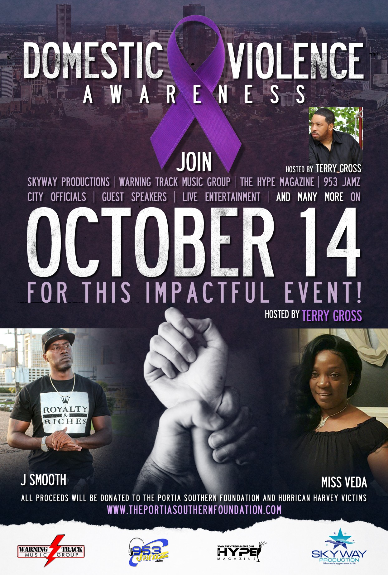 Poster promoting domestic violence awareness event on October 14, featuring a raised fist and two people, with event details.